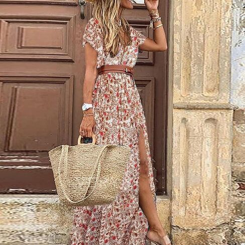 فستان بوهو طويل مطبوع عليه زهور وقبة V واكمام طويلة وخصر مرتفع للنساء من بوبدم، فستان ماكسي كاجوال فضفاض مع حزام 2023 in Kuwait