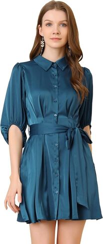 Allegra K Women's Elegant Satin Dresses Pleated Waist A-Line Belted Puff Sleeve Shirt Dress in Saudi Arabia