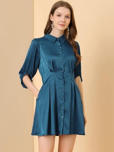 Allegra K Women's Elegant Satin Dresses Pleated Waist A-Line Belted Puff Sleeve Shirt Dress in Saudi Arabia