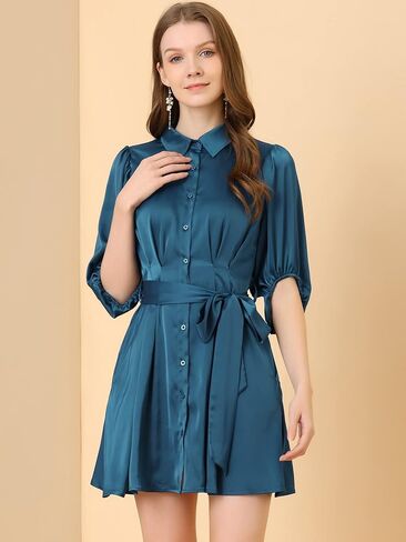 Allegra K Women's Elegant Satin Dresses Pleated Waist A-Line Belted Puff Sleeve Shirt Dress in Saudi Arabia