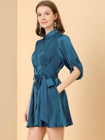 Allegra K Women's Elegant Satin Dresses Pleated Waist A-Line Belted Puff Sleeve Shirt Dress in Saudi Arabia