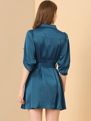Allegra K Women's Elegant Satin Dresses Pleated Waist A-Line Belted Puff Sleeve Shirt Dress in Saudi Arabia