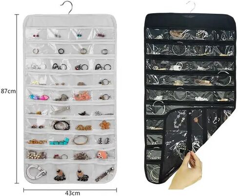 LNtech Dual-sided Hanging Jewelry Organizer with Metal Hooks,80 Pockets Jewelry Roll for Earrings,Necklaces,Rings on Closet,Wall,Door(White) in Kuwait