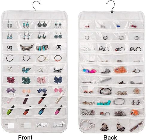 LNtech Dual-sided Hanging Jewelry Organizer with Metal Hooks,80 Pockets Jewelry Roll for Earrings,Necklaces,Rings on Closet,Wall,Door(White) in Kuwait