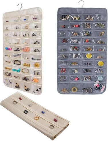 LNtech Dual-sided Hanging Jewelry Organizer with Metal Hooks,80 Pockets Jewelry Roll for Earrings,Necklaces,Rings on Closet,Wall,Door(White) in Kuwait
