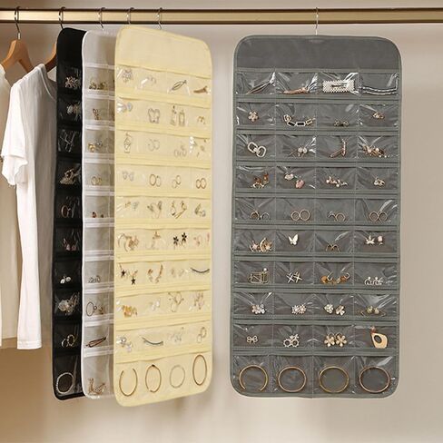 LNtech Dual-sided Hanging Jewelry Organizer with Metal Hooks,80 Pockets Jewelry Roll for Earrings,Necklaces,Rings on Closet,Wall,Door(White) in Kuwait