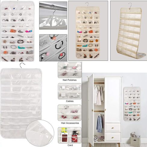 LNtech Dual-sided Hanging Jewelry Organizer with Metal Hooks,80 Pockets Jewelry Roll for Earrings,Necklaces,Rings on Closet,Wall,Door(White) in Kuwait