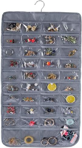 LNtech Dual-sided Hanging Jewelry Organizer with Metal Hooks,80 Pockets Jewelry Roll for Earrings,Necklaces,Rings on Closet,Wall,Door(White) in Kuwait