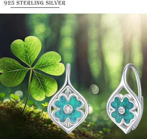 ECHOOY St.Patrick's Day Earrings Four Leaf Clover Earrings Sterling Silver Green Opal Lucky Four Leaf Leverback Earrings Green Irish Jewelry Gifts for Women Girls Teens in Kuwait