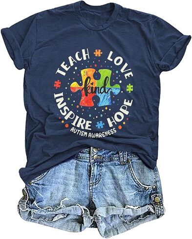Autism Awareness Shirt Women Special Education Teacher T Shirt Short Sleeve Puzzle Piece Graphic Tee Tops in Saudi Arabia