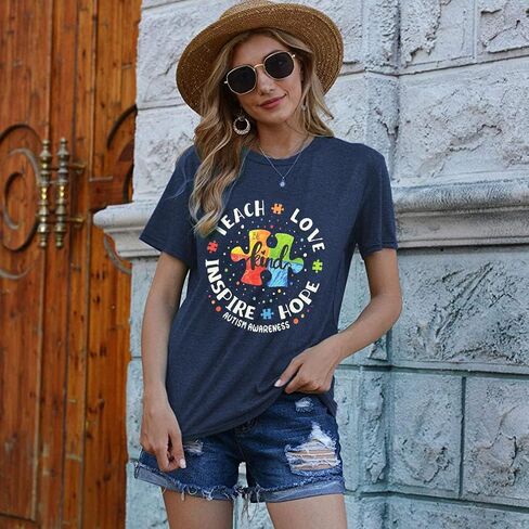 Autism Awareness Shirt Women Special Education Teacher T Shirt Short Sleeve Puzzle Piece Graphic Tee Tops in Saudi Arabia