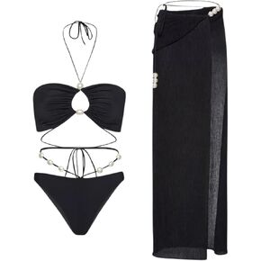 FLAXMAKER Halterneck Pearl Bandeau High Waist Bikini and Sarong Set