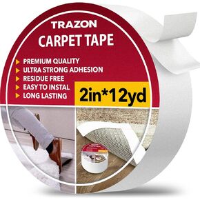 Carpet Tape Double Sided - Rug Tape Grippers for Hardwood Floors and Area Rugs - Carpet Binding Tape Strong Adhesive and Removable, Heavy Duty Stickers Grip Tape, Residue Free (2 Inch / 12 Yards)