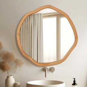 ULIKE Irregular Wall Mirror with Wood Frame, 24 Inch Round Asymmetrical Mirror, Circle Mirror for Bathroom, Decorative Wall Mounted Vanity Mirror for Bedroom, Living Room, Entryway, Black