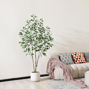 Artificial Ficus Tree,5FT Fake Silk Ficus Plant with Natural Trunk for Indoor,Faux Ficus Trees with White Planter for Home Office Living Room,Garden Decor and Housewarming Gift