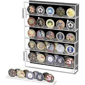 HBlife Military Challenge Coin Display Case, Clear Acrylic Challenge Coin Holder, Wall Mount Coin Holder Display Stand with Removable Shelf and Magnetic Door, Shadow Box Fits Medal, Badge