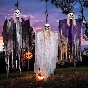 Presence 3Pack Halloween Decorations Outdoor - Hanging Halloween Decoration with 53" Black Ghost Witch & 35.4" Hanging Purple & White Ghost Witch for Halloween Outdoor Indoor Decor