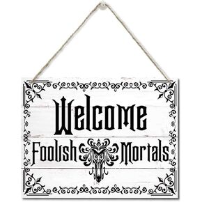 AUII JO DESIGN Halloween Wooden Wall Art Signs, Hanging Printed Wall Plaque Wood Signs, Welcome Foolish Mortals Sign, Halloween Home Decor, Halloween Party Supplies, Welcome Sign 10 X 7.8 in