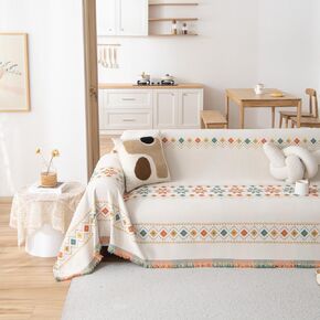 Mitid Thick Non Slip Boho Couch Cover White Cream Gray Plaid Triangle Sofa Slipcover for 2-3 Cushion Couch Sofa, Loveseat Futon Sofa Cover Multi-use Furniture Cat Couch Protector with Tassel