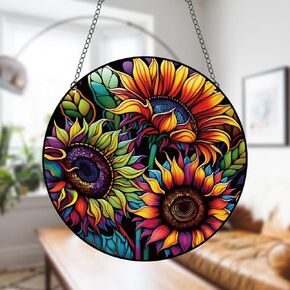 Generic 11.8 Inches Sunflowers Acrylic Window Hanging Decor Stained Glass Panels Colourful Flowers Wall Art Mural Suncatcher for Bedroom Garden Wall Decoration Gift for Mom Grandma Teacher