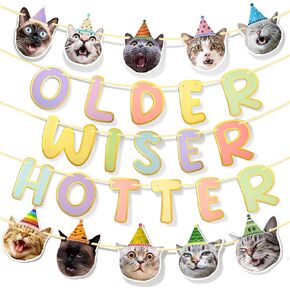 Happy Birthday Banner Macaron Older Wiser Hotter Sign Garland Cat Face Banner Kitties Photographic Hat Cat Bunting Party Backdrop Decoration