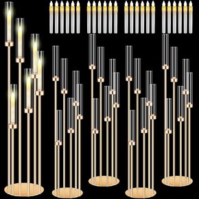 Tandefio 4 Sets Acrylic Candelabra Centerpieces 46.5'' Tall Clear Candle Holders Pillar Taper Candlestick with Lampshades 6 Arm Floor Candelabra Stand for Wedding Christmas Ceremony Dinner Party