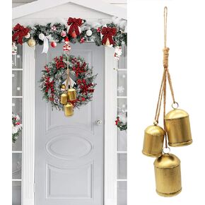Christmas Decorative Bells,Vintage Gold Handmade Bells and Rustic Lucky Xmas Bells Hanging on a Rope(Iron)，3-Piece Set of Christmas Indoor and Outdoor Blessing Bells