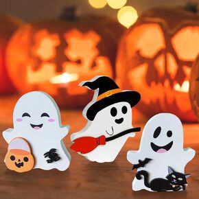 Cute Halloween Decorations Indoor: 7PCS Wooden Tiered Tray Decor Table Sign - Pumpkin Ghost Bat Black Cat Mummy Witch Hat Candy Corn Freestanding Signs for Party Home Mantel Shelf Display