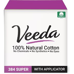 Veeda 100% Natural Cotton Tampons, Compact BPA Free Applicator, Unscented, Leak Proof Protection - Chlorine, Toxin & Pesticide Free - Super Absorbency, 384 Count