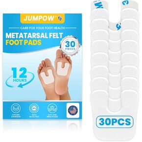 JUMPOW U-Shaped Metatarsal Callus Pads - 30 Pcs, 1/5" Thick, Strong Adhesive Felt Callus Pads, Ball of Foot Cushions for Women & Men Metatarsalgia, Neuroma, Plantar Fasciitis Relief (White)