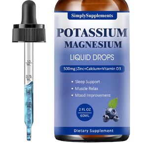 Potassium Magnesium Supplement - Potassium 99mg & 500mg Magnesium Glycinate Complex Liquid Drops with Calcium, Zinc, Vitamin B6, D3 - Energy & Bone & Muscle Support - 2 Fl oz