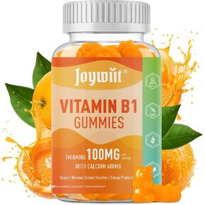 Vitamin B1 Gummies 100mg with Calcium 600mg, Thiamine B1 Supplement for Adults & Kids, w/ Calcium Citrate for Nervous System Supports & Boost Energy, Orange Flavor, Non GMO, Vegan, 60 Chewable Gummies