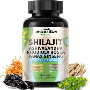 Himalayan Shilajit Capsules for Men & Women, Shilajit 9000mg Ashwagandha 2000mg Ginseng 1500mg Rhodiola Rosea 1000mg Cordyceps Mushroom 500mg Ginkgo Biloba 500mg Turmeric 500mg