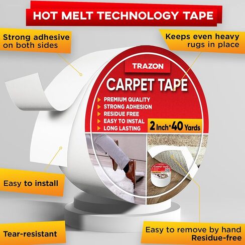 Carpet Tape Double Sided - Rug Tape Grippers for Hardwood Floors and Area Rugs - Carpet Binding Tape Strong Adhesive and Removable, Heavy Duty Stickers Grip Tape, Residue Free (2 Inch / 12 Yards) in Kuwait