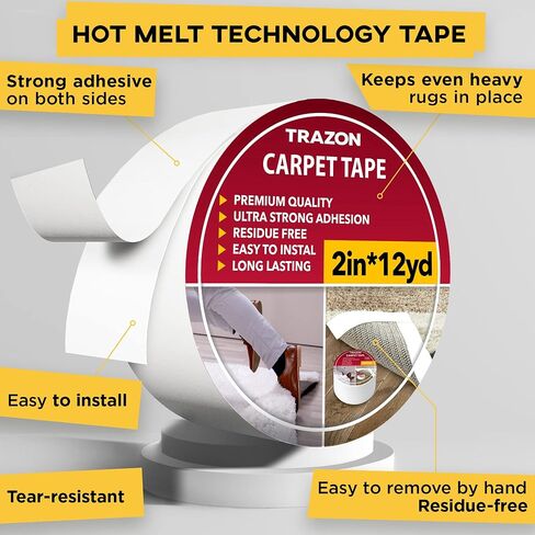 Carpet Tape Double Sided - Rug Tape Grippers for Hardwood Floors and Area Rugs - Carpet Binding Tape Strong Adhesive and Removable, Heavy Duty Stickers Grip Tape, Residue Free (2 Inch / 12 Yards) in Kuwait