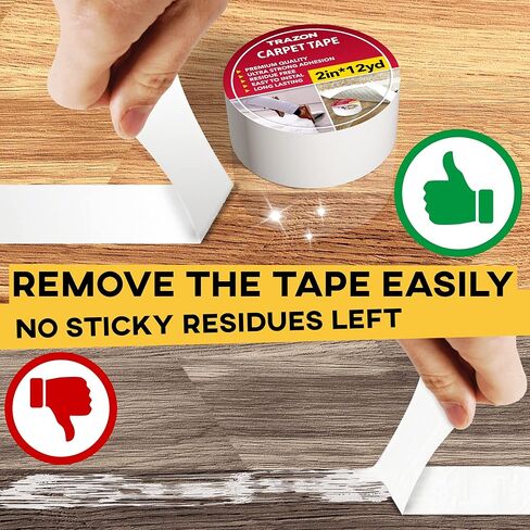 Carpet Tape Double Sided - Rug Tape Grippers for Hardwood Floors and Area Rugs - Carpet Binding Tape Strong Adhesive and Removable, Heavy Duty Stickers Grip Tape, Residue Free (2 Inch / 12 Yards) in Kuwait