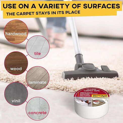 Carpet Tape Double Sided - Rug Tape Grippers for Hardwood Floors and Area Rugs - Carpet Binding Tape Strong Adhesive and Removable, Heavy Duty Stickers Grip Tape, Residue Free (2 Inch / 12 Yards) in Kuwait