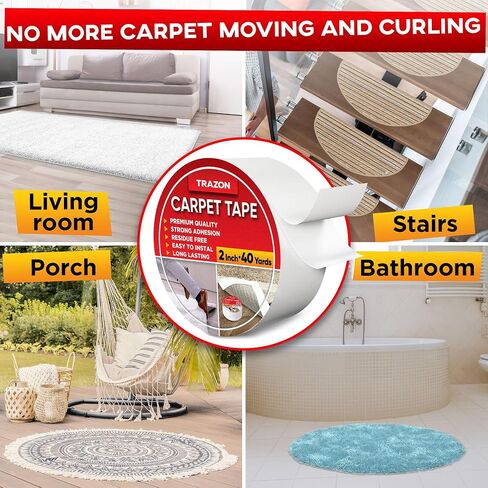 Carpet Tape Double Sided - Rug Tape Grippers for Hardwood Floors and Area Rugs - Carpet Binding Tape Strong Adhesive and Removable, Heavy Duty Stickers Grip Tape, Residue Free (2 Inch / 12 Yards) in Kuwait