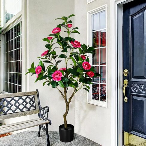 47'' Artificial Camellia Tree, 3.9FT Tall Faux Tree Potted Plants, Artificial Plants Indoor Flower Tree for Home Front Door Outdoor Indoor Decoration (Pink 47 Inch) in Saudi Arabia