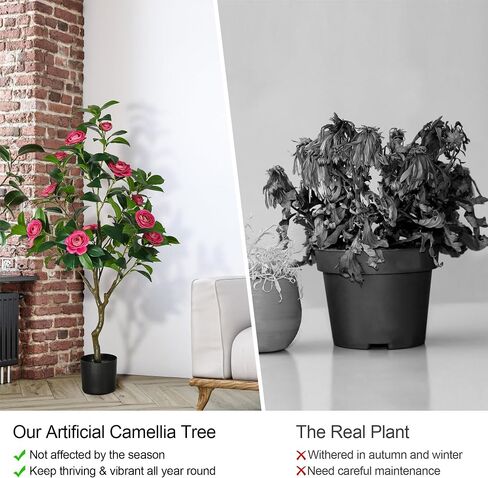 47'' Artificial Camellia Tree, 3.9FT Tall Faux Tree Potted Plants, Artificial Plants Indoor Flower Tree for Home Front Door Outdoor Indoor Decoration (Pink 47 Inch) in Saudi Arabia