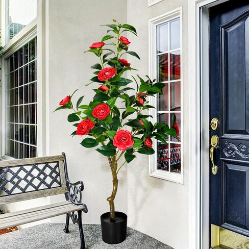 47'' Artificial Camellia Tree, 3.9FT Tall Faux Tree Potted Plants, Artificial Plants Indoor Flower Tree for Home Front Door Outdoor Indoor Decoration (Pink 47 Inch) in Saudi Arabia