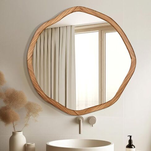 ULIKE Round Wood Mirror, 30 Inch Asymmetrical Circle Vanity Mirror with Wood Frame, Rustic Decorative Wall Mount for Bathroom Bedroom Living Room Entryway in Kuwait