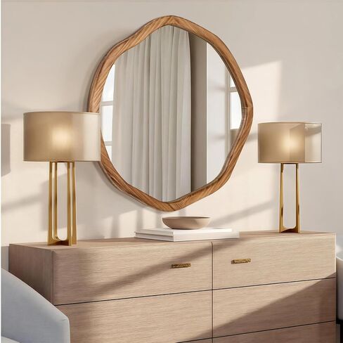 ULIKE Round Wood Mirror, 30 Inch Asymmetrical Circle Vanity Mirror with Wood Frame, Rustic Decorative Wall Mount for Bathroom Bedroom Living Room Entryway in Kuwait
