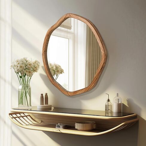 ULIKE Round Wood Mirror, 30 Inch Asymmetrical Circle Vanity Mirror with Wood Frame, Rustic Decorative Wall Mount for Bathroom Bedroom Living Room Entryway in Kuwait