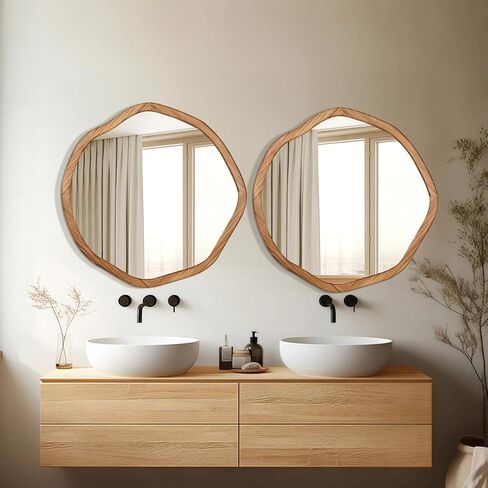 ULIKE Round Wood Mirror, 30 Inch Asymmetrical Circle Vanity Mirror with Wood Frame, Rustic Decorative Wall Mount for Bathroom Bedroom Living Room Entryway in Kuwait