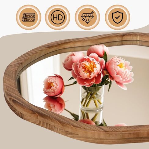ULIKE Round Wood Mirror, 30 Inch Asymmetrical Circle Vanity Mirror with Wood Frame, Rustic Decorative Wall Mount for Bathroom Bedroom Living Room Entryway in Kuwait