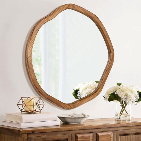 ULIKE Round Wood Mirror, 30 Inch Asymmetrical Circle Vanity Mirror with Wood Frame, Rustic Decorative Wall Mount for Bathroom Bedroom Living Room Entryway in Kuwait