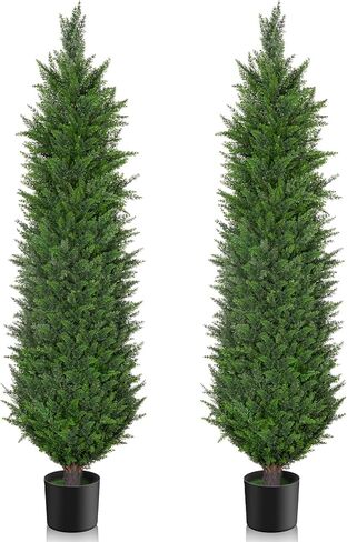 POZOY 2 Pack 5FT Artificial Cedar Topiary Trees, Outdoor Faux Pine Shrubs, Lasting Evergreen 60" Fake Cypress Plants for Outside with UV Resistant, Anti-Fading, Garden, Home Doorway, Front Porch Decor in Saudi Arabia