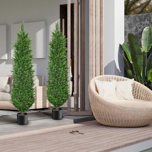 POZOY 2 Pack 5FT Artificial Cedar Topiary Trees, Outdoor Faux Pine Shrubs, Lasting Evergreen 60" Fake Cypress Plants for Outside with UV Resistant, Anti-Fading, Garden, Home Doorway, Front Porch Decor in Saudi Arabia