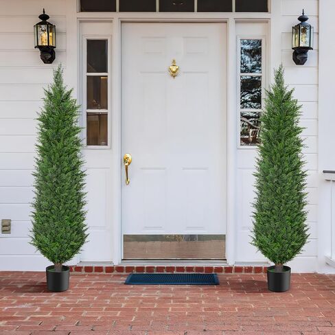 POZOY 2 Pack 5FT Artificial Cedar Topiary Trees, Outdoor Faux Pine Shrubs, Lasting Evergreen 60" Fake Cypress Plants for Outside with UV Resistant, Anti-Fading, Garden, Home Doorway, Front Porch Decor in Saudi Arabia